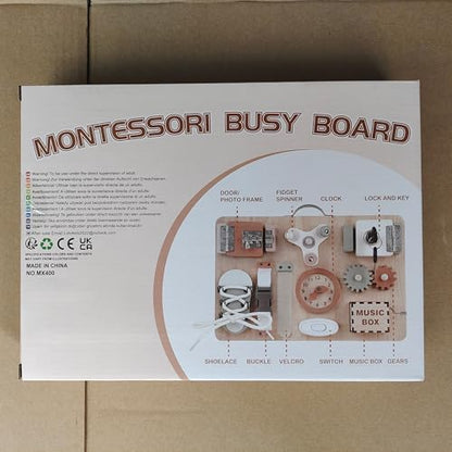 Joyreal wooden busy board for toddlers with sensory and fine motor activities, ideal as travel and Montessori educational toy.