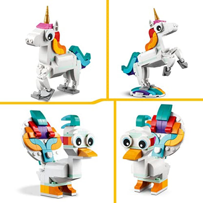 LEGO Creator 3in1 Magical Unicorn toy in colorful design, showcasing transformation into seahorse or peacock.