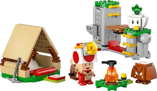 LEGO Super Mario Captain Toad's Camp set with Captain Toad, Goomba figures, tent, and collapsing bridge for kids 6 and up.