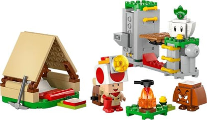 LEGO Super Mario Captain Toad's Camp set with Captain Toad, Goomba figures, tent, and collapsing bridge for kids 6 and up.