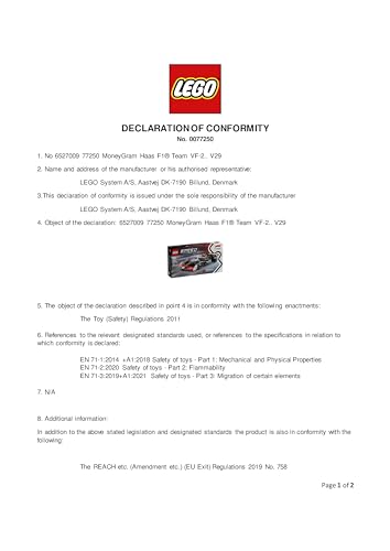 LEGO Speed Champions Haas F1 Team VF-24 race car model kit with collectible driver minifigure, ideal for motorsport fans.