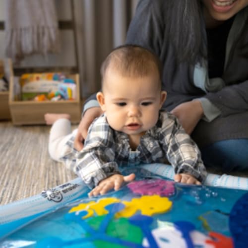 Baby Einstein Opus’s Ocean of Discovery tummy time water play mat with sensory toys for babies and newborns, black color.