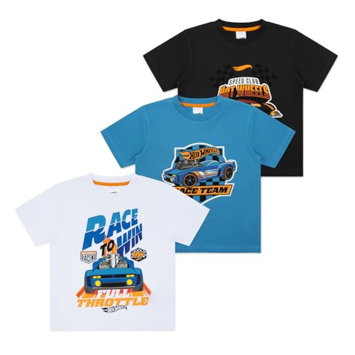 Hot Wheels Boys T-Shirts Pack of 3 |Short Sleeve 3PK Multipack T-Shirts for Boys | Official Clothing Merchandise (UK, Age, 4 Years, 5 Years, Regular, Blue/Black/White)