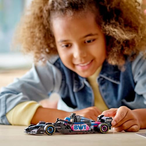LEGO Speed Champions BWT Alpine F1 Team A524 race car toy with collectible Formula 1 driver minifigure on display.