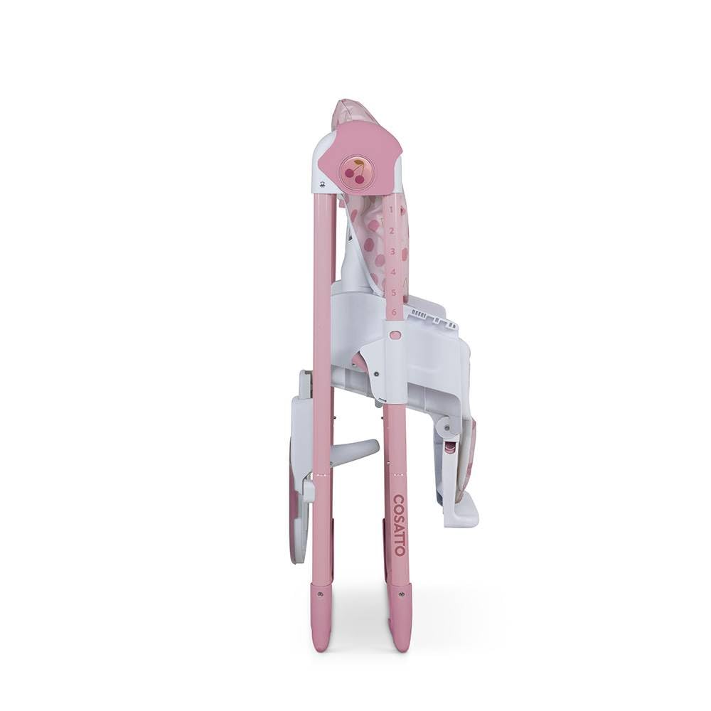 Cosatto Pip Cherry Pie adjustable highchair with padded seat, footrest, tray, cup holder, lightweight, foldable, and easy to clean.