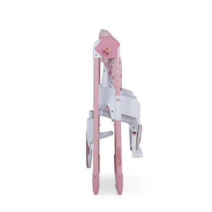 Cosatto Pip Cherry Pie adjustable highchair with padded seat, footrest, tray, cup holder, lightweight, foldable, and easy to clean.