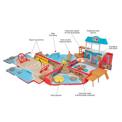 Pokémon Carry Case Beach Battle Playset with Pikachu figure, showcasing a portable transforming backpack design.