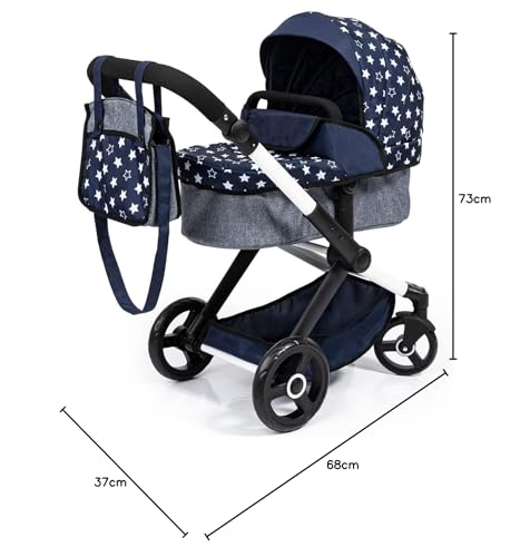 Bayer Baby Dolls Pram XEO in navy blue with white stars, convertible doll pushchair, carrycot, changing bag, adjustable handle.