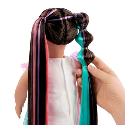 Our Generation 18-inch doll Tina with lifelike brown eyes, ultra-long rainbow hair, and styling accessories for pretend play.