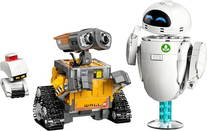 LEGO Disney Pixar WALL-E and EVE display model kit with brick-built robots and M-O & Hal figures for adults.