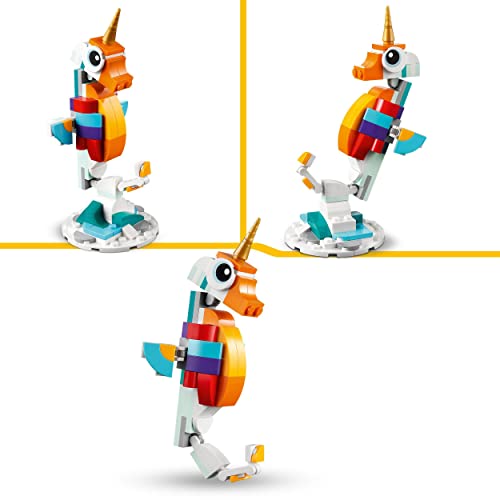 LEGO Creator 3in1 Magical Unicorn toy, colorful animal figure transforming into seahorse or peacock for creative play.