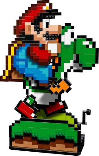 LEGO Super Mario World Mario & Yoshi building set with pixelated character figures, ideal for home decor and collectible gaming display