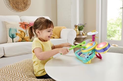 VTech Bluey Hurrah Drum Set for kids, featuring colorful drums and drumsticks in a vibrant toy musical instrument set.