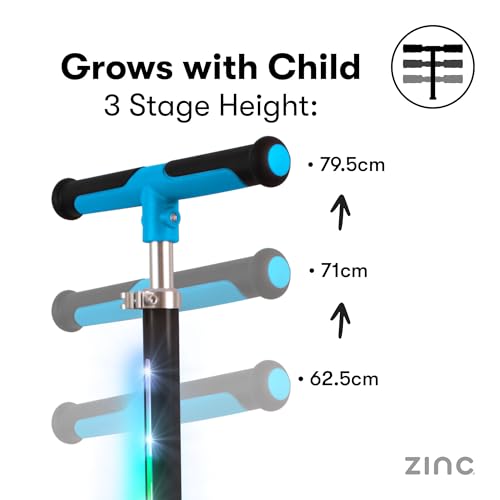 Zinc T-Motion Shine Kids Scooter for Ages 3+ – Three Wheeled Folding Boys & Girls Scooter with LED Light Up Deck & Wheels, Adjustable Handlebar, Lean & Steer Controls, Rear Brake, Black & Blue