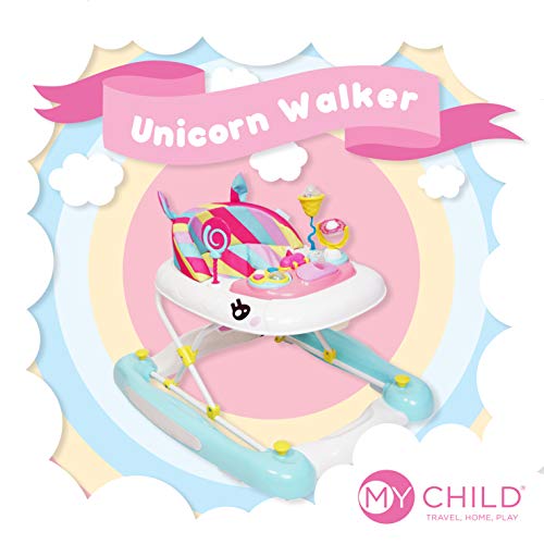 MyChild Unicorn 2-in-1 pink rainbow baby walker and rocker with activity center, foldable frame, anti-fall blocks, and adjustable height.