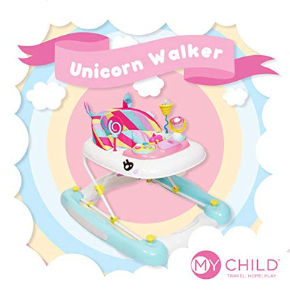MyChild Unicorn 2-in-1 pink rainbow baby walker and rocker with activity center, foldable frame, anti-fall blocks, and adjustable height.