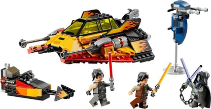LEGO Star Wars 75414 Snowspeeder building toy with three minifigures and lightsabers, featuring a detailed speeder bike.