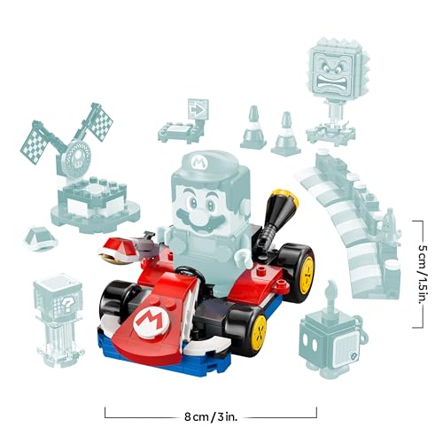 LEGO Mario Kart set featuring interactive Mario, standard kart, race course with figures, barriers, and a podium for kids 7+