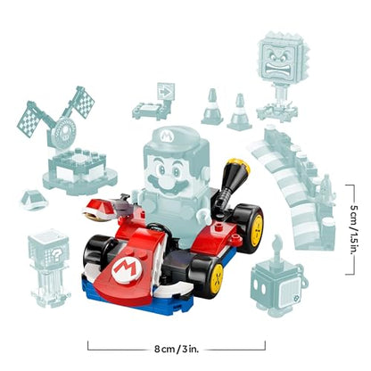LEGO Mario Kart set featuring interactive Mario, standard kart, race course with figures, barriers, and a podium for kids 7+