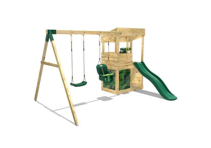 Rebo® Wooden Lookout Tower Playhouse with 6ft Slide with Swings - Zion | OutdoorToys | Pressure Treated Timber, Baby Swing, Secret Den, Climbing Wall, either Binoculars or Telescope & Steering Wheel