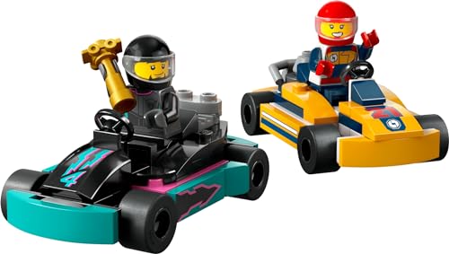 LEGO City Go-Karts playset featuring two driver minifigures and colorful racing vehicles for kids aged 5 and up.