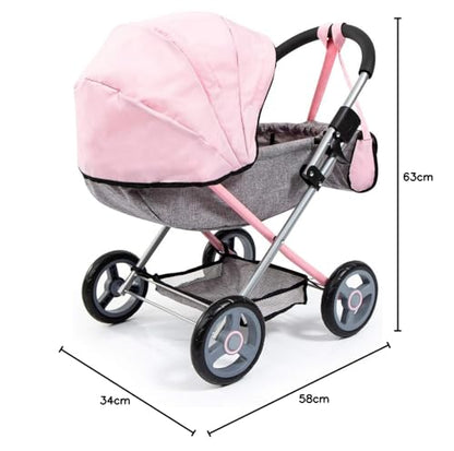 Bayer Cosy Baby Doll Pram with large wheels, foldable design, storage basket, changing bag, and accessories for 46cm dolls.