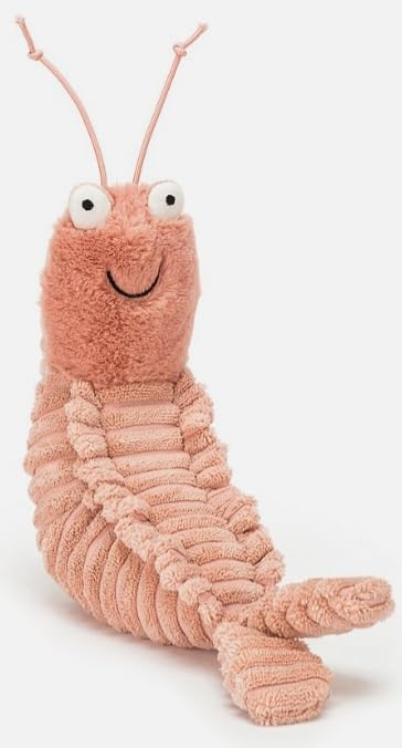 Jellycat Sheldon Shrimp plush toy with a soft, pink body and cute, expressive eyes, perfect for cuddling.
