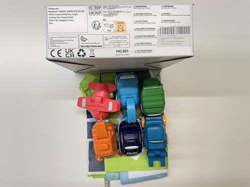 Six cartoon truck and crane car toys from Lerrbo, with a playmat and storage bag for toddlers aged 1-2 years.
