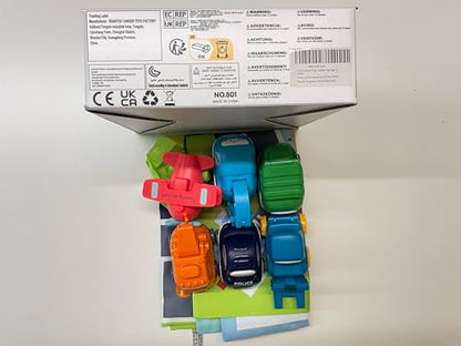 Six cartoon truck and crane car toys from Lerrbo, with a playmat and storage bag for toddlers aged 1-2 years.
