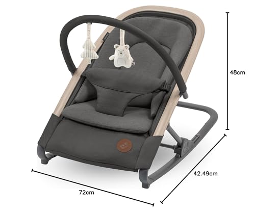 Maxi-Cosi Kori baby bouncer chair with toy arch, 3 recline positions, lightweight design, and newborn pillow in graphite color.