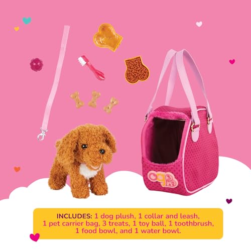 Our Generation poodle dog plush toy in a pet carrier bag for 18-inch dolls, ideal for kids 3 years and older.