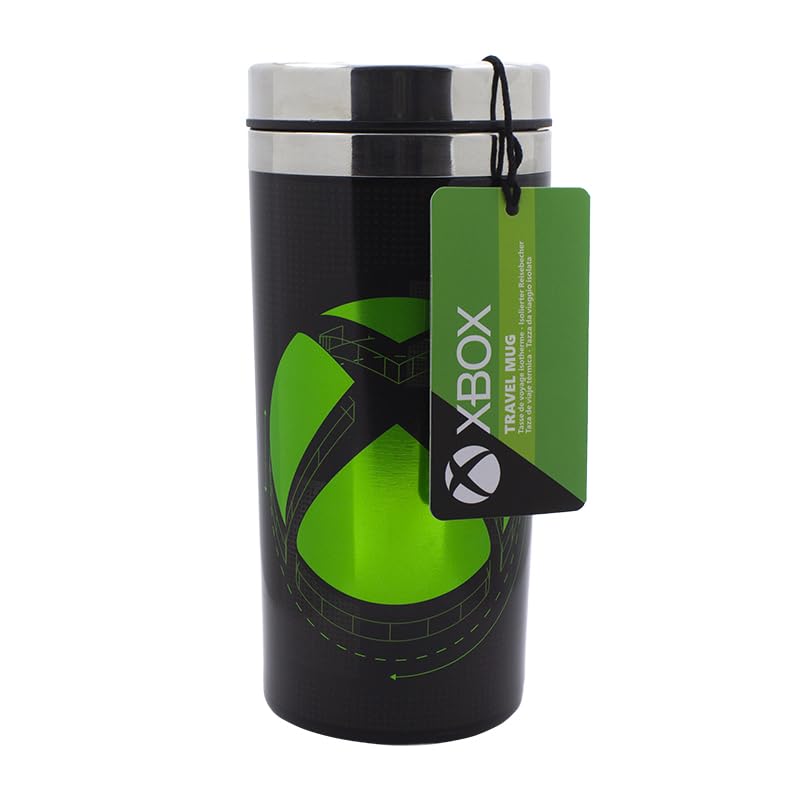 Paladone Xbox travel mug with Xbox logo, 450ml capacity, insulated drinks flask for hot or cold beverages, ideal for gamers on the go.