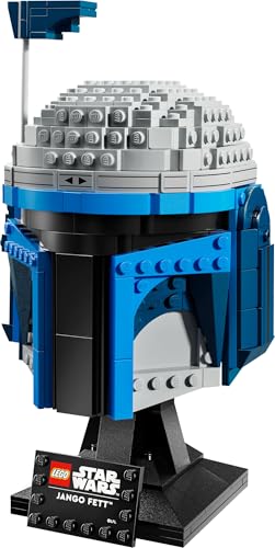 LEGO Star Wars 75408 Jango Fett Helmet model kit with adjustable rangefinder, stand, and nameplate for adult fans.