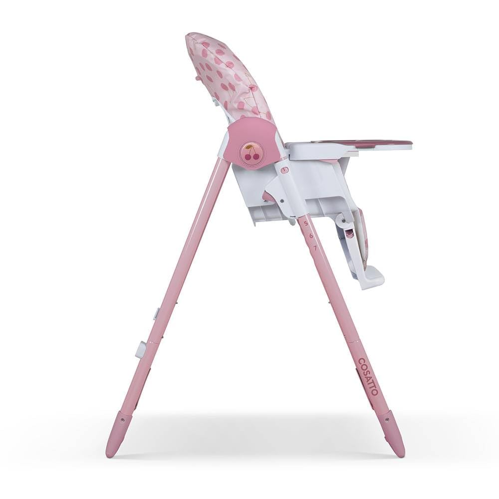 Cosatto Pip adjustable highchair with padded seat, footrest, tray, cup holder, lightweight, compact fold, easy clean, in Cherry Pie color.