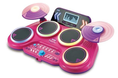 VTech Kidi DJ Drums pink electronic drum kit for kids with light-up drums, cymbals, drum sticks, Bluetooth and coaching mode.