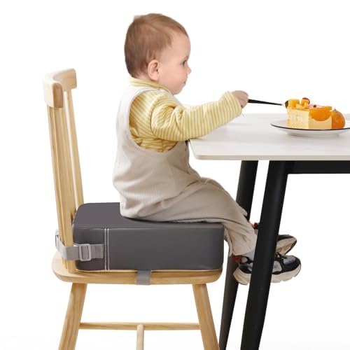 TOTIDYH Toddler Booster Seat for Dining Chair, 10cm PU Washable Baby Booster Seat for Dining Table, Portable Travel Table Booster Cushion for Toddler with 2 Adjustable Straps(Grey)