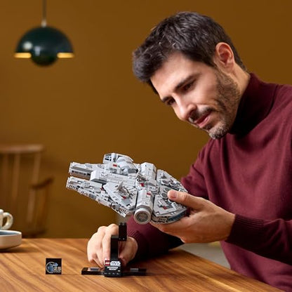 LEGO Star Wars 75375 Millennium Falcon building set with display stand, showcasing intricate details and design for collectors.