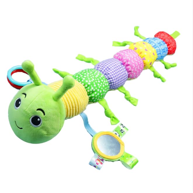 Accevo baby sensory toy set with plush musical animals, crinkle caterpillar, baby mirror, and rattles for 0-12 months.