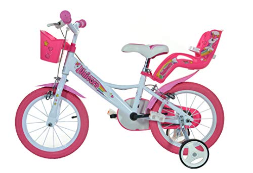 Dino Bikes 16-inch girls' unicorn kids bike in white and pink with doll seat, basket, and stabilizers, suitable for young children.