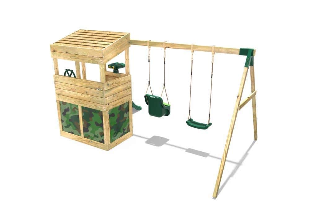 Rebo® Wooden Lookout Tower Playhouse with 6ft Slide with Swings - Zion | OutdoorToys | Pressure Treated Timber, Baby Swing, Secret Den, Climbing Wall, either Binoculars or Telescope & Steering Wheel