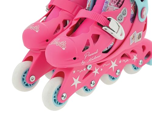 Barbie-themed M.V. Sports inline skates with adjustable fit, durable construction, and pivoting heel cuff for kids' outdoor fun.