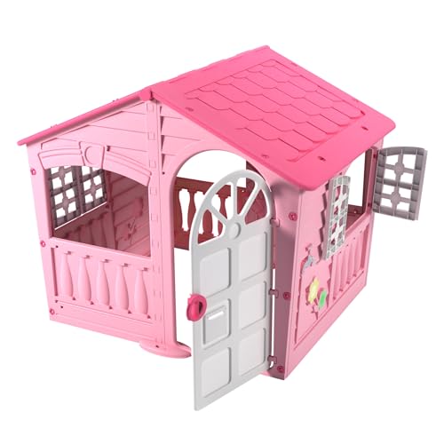 Pink and white Palplay Plastic Playhouse for kids, with UV-resistant design, suitable for indoor and outdoor imaginative play.