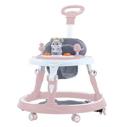 Pink adjustable baby walker with foldable design, feeding tray, interactive music, toys, lights, and safety brakes for infants.