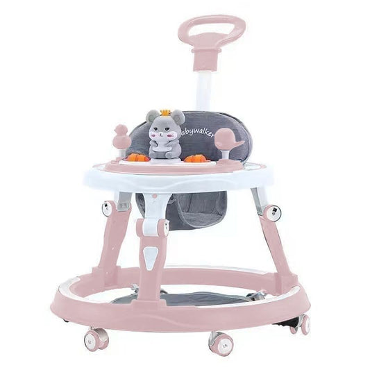 Pink adjustable baby walker with foldable design, feeding tray, interactive music, toys, lights, and safety brakes for infants.