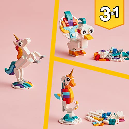 LEGO Creator 3in1 Magical Unicorn toy displaying colorful unicorn, seahorse, and peacock designs for imaginative play.