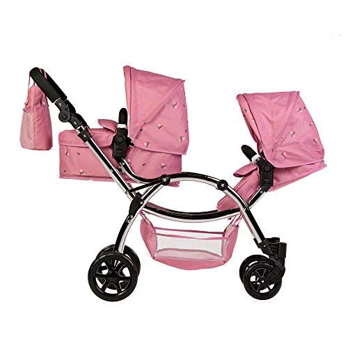 Roma Darcie Twin Dolls Pram in Pink with Adjustable Handle,Dolls Pushchair, Lightweight Dolls Double Buggy, Twin Pram for 3-16 Years, Fits 18 Inch Dolls, Ideal For Christmas, Birthdays and Reborns