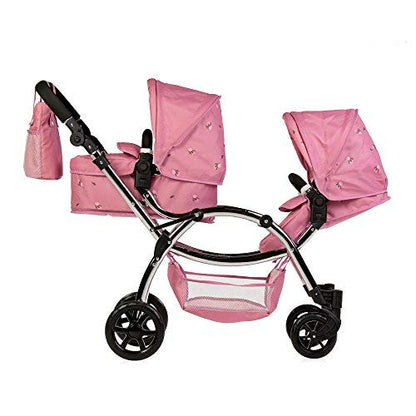 Roma Darcie Twin Dolls Pram in Pink with Adjustable Handle,Dolls Pushchair, Lightweight Dolls Double Buggy, Twin Pram for 3-16 Years, Fits 18 Inch Dolls, Ideal For Christmas, Birthdays and Reborns
