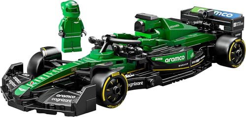 LEGO Speed Champions Aston Martin F1 AMR24 race car toy with collectible driver minifigure and detailed model design.