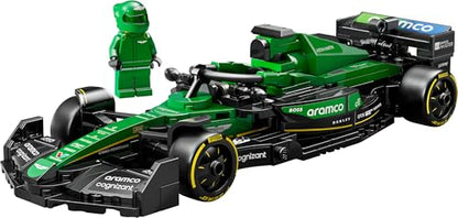 LEGO Speed Champions Aston Martin F1 AMR24 race car toy with collectible driver minifigure and detailed model design.