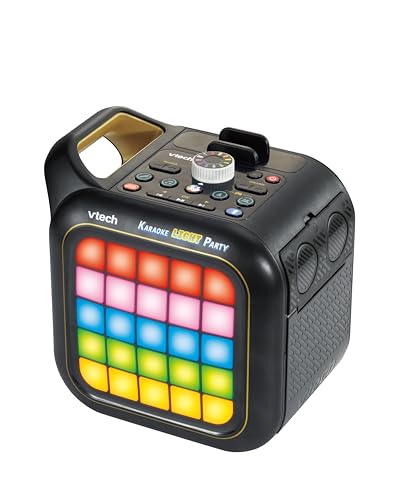 VTech Karaoke Light Party machine with two wireless microphones, Bluetooth speaker, colorful light show, and built-in games.